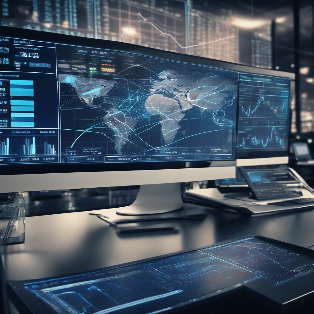 Financial dashboard with world map and bar charts